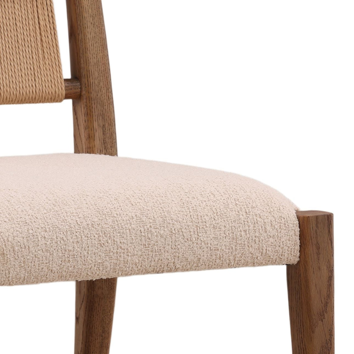 Crafted Boucle Fabric, Wicker and Oak Wood Dining Chair