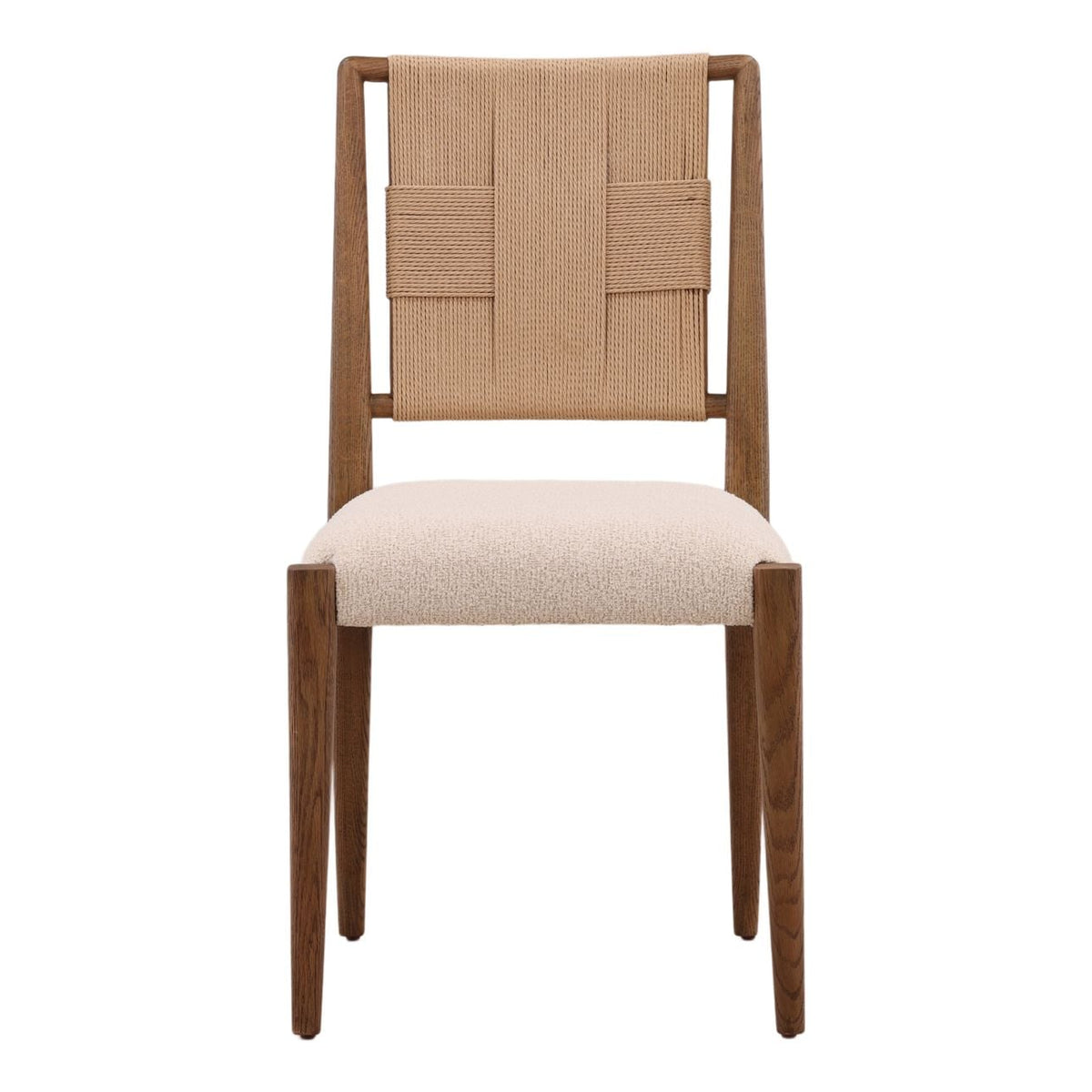Crafted Boucle Fabric, Wicker and Oak Wood Dining Chair