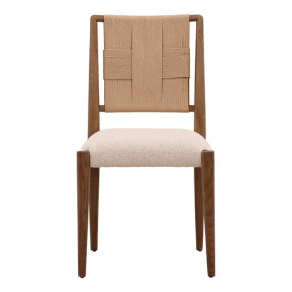 Crafted Boucle Fabric, Wicker and Oak Wood Dining Chair