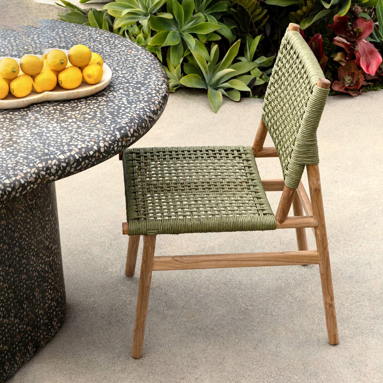 Green and Natural Twisted Faux Rattan and Teak Wood Chair 18 in Wide