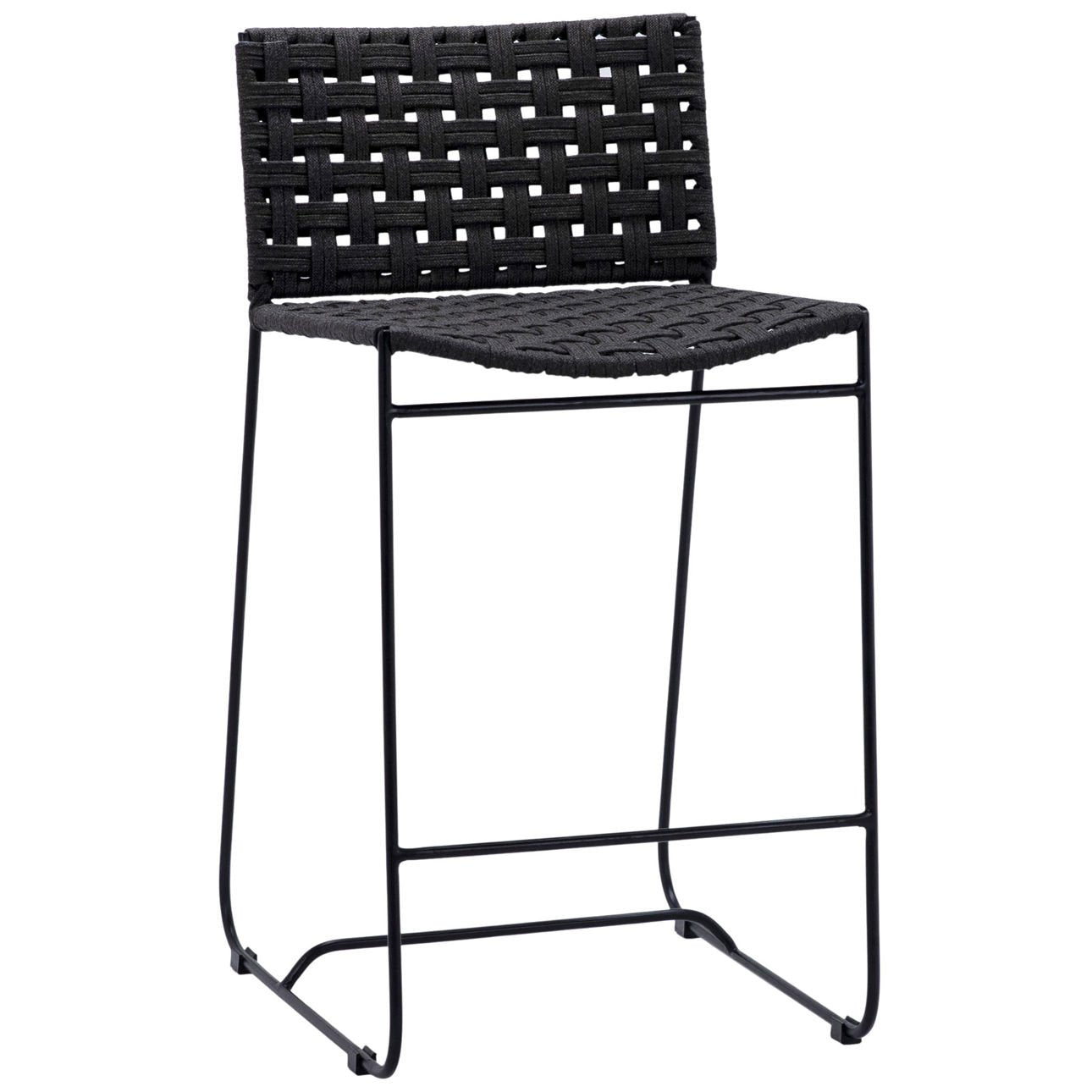 Black and Charcoal Finish Powder Coated Iron and Flat Rope Stool 17.5 in Wide