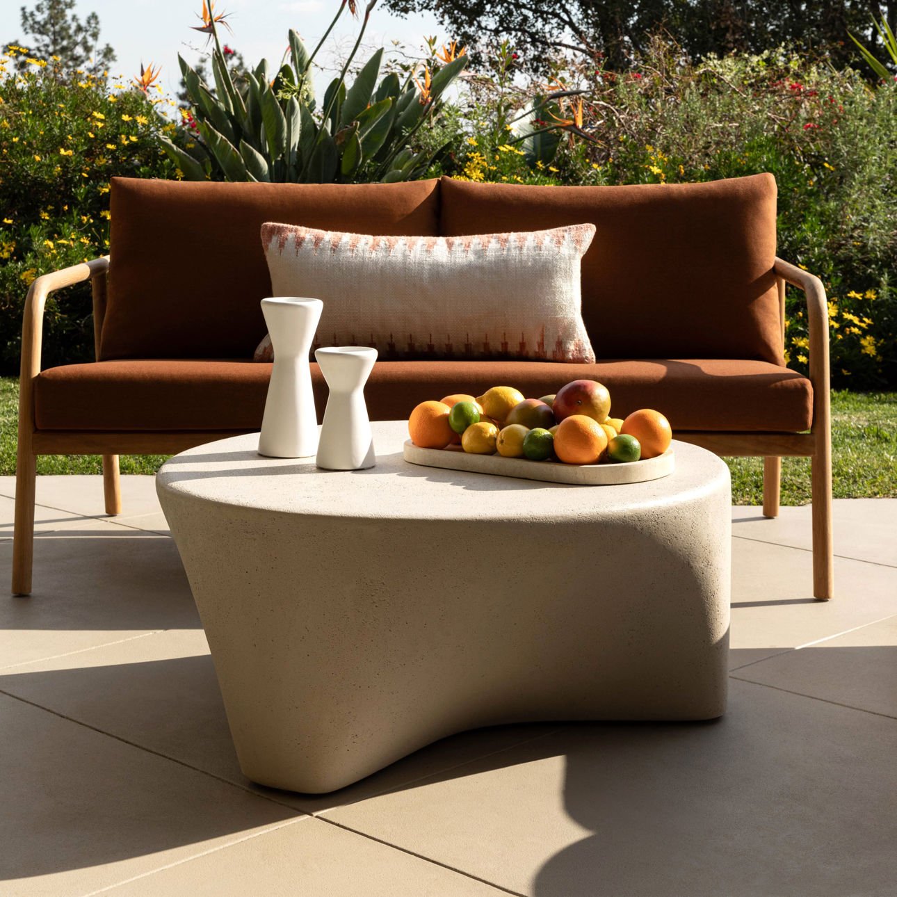 Sienna and Natural Solution-Dyed Acrylic Fabric and Teak Wood Sofa 65 in Wide