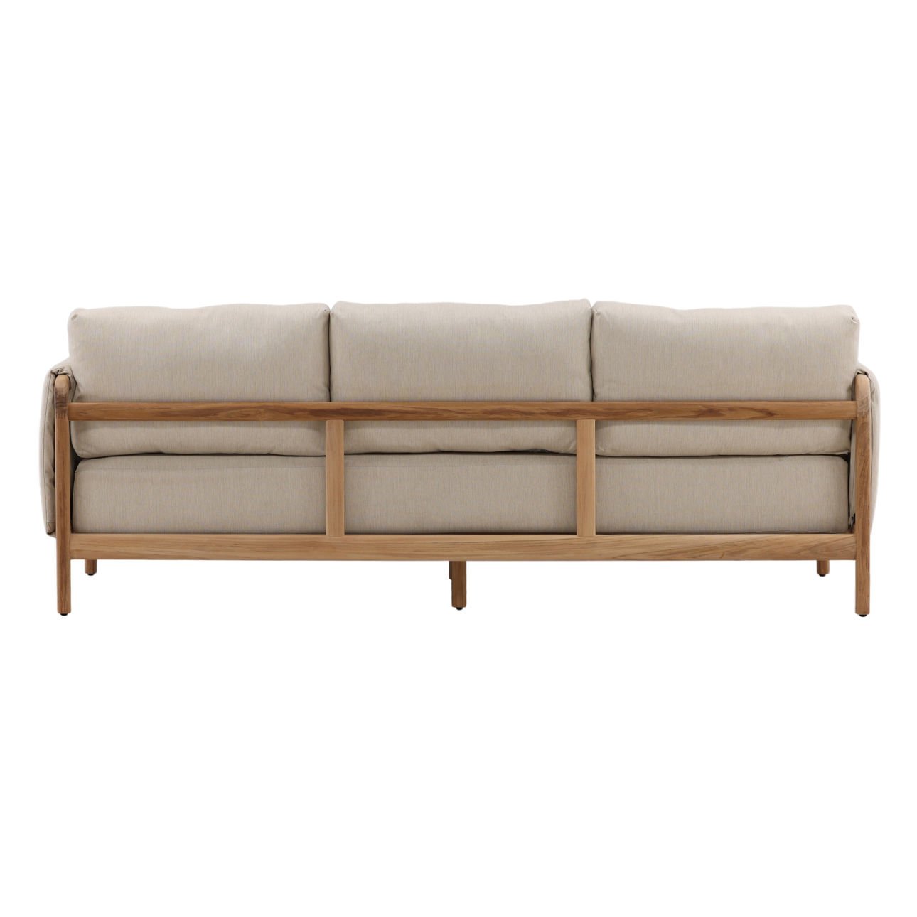 Beige and Natural Outdoor Basketweave Fabric and Teak Wood Sofa 87.5 in Wide