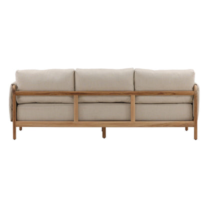 Beige and Natural Outdoor Basketweave Fabric and Teak Wood Sofa 87.5 in Wide