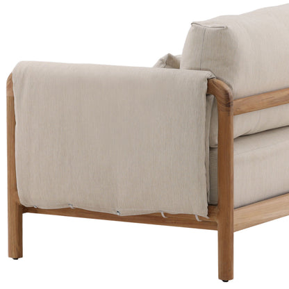 Beige and Natural Outdoor Basketweave Fabric and Teak Wood Sofa 87.5 in Wide
