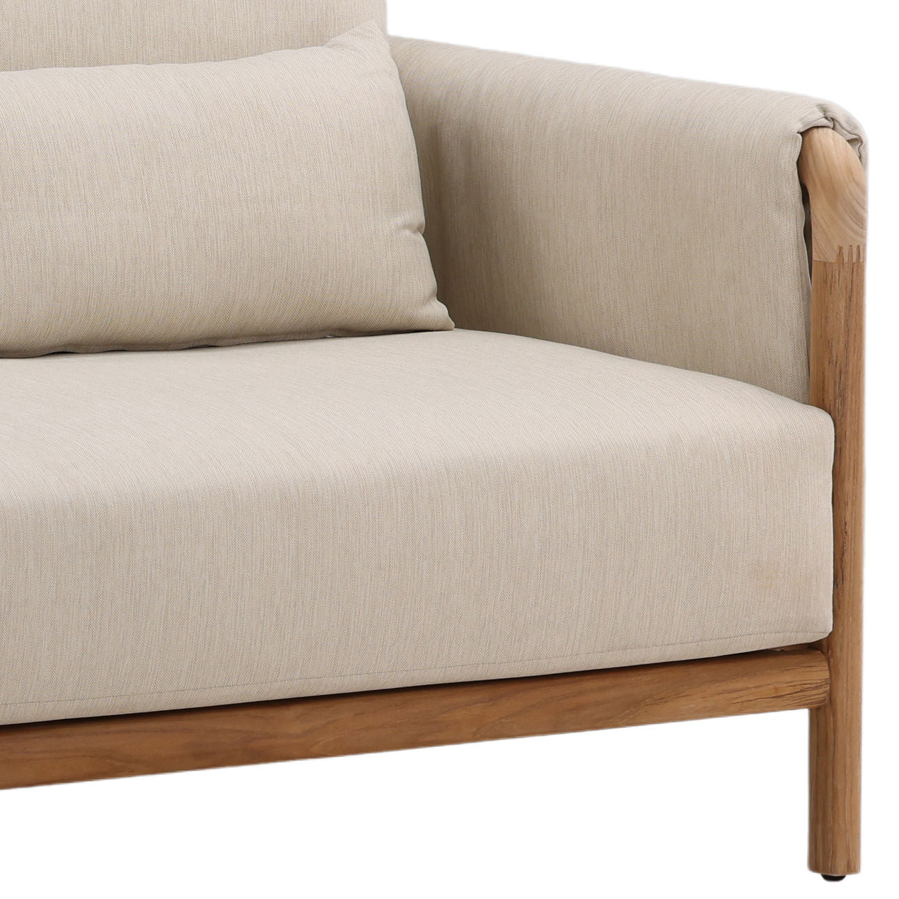 Beige and Natural Outdoor Basketweave Fabric and Teak Wood Sofa 87.5 in Wide