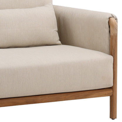 Beige and Natural Outdoor Basketweave Fabric and Teak Wood Sofa 87.5 in Wide