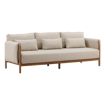 Beige and Natural Outdoor Basketweave Fabric and Teak Wood Sofa 87.5 in Wide