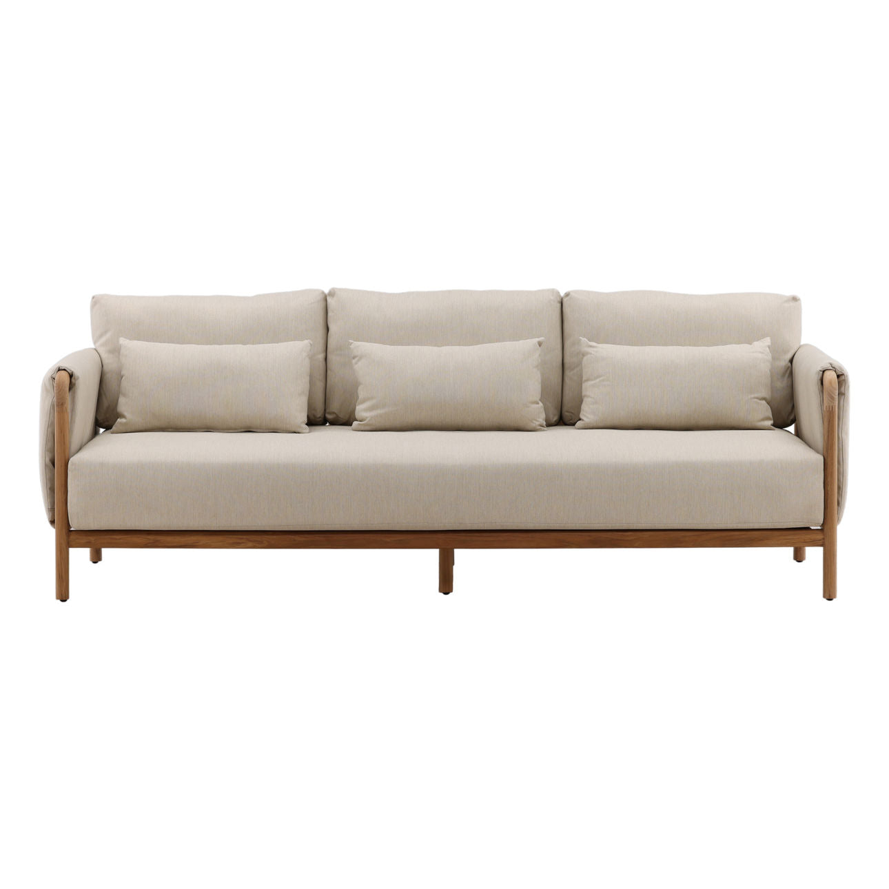 Beige and Natural Outdoor Basketweave Fabric and Teak Wood Sofa 87.5 in Wide