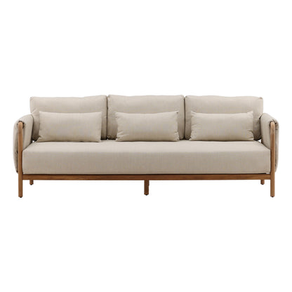 Beige and Natural Outdoor Basketweave Fabric and Teak Wood Sofa 87.5 in Wide