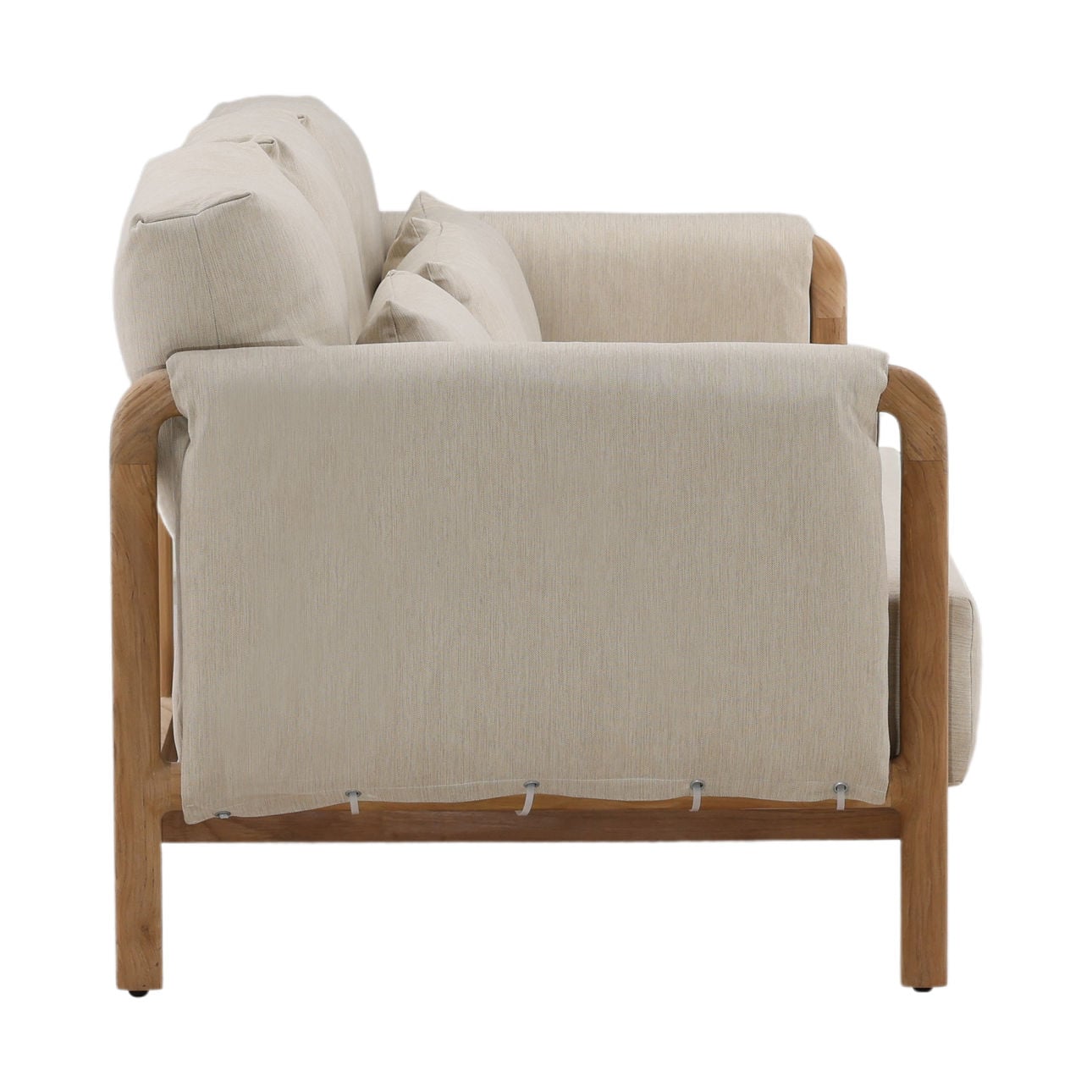 Beige and Natural Outdoor Basketweave Fabric and Teak Wood Sofa 87.5 in Wide