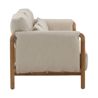 Beige and Natural Outdoor Basketweave Fabric and Teak Wood Sofa 87.5 in Wide