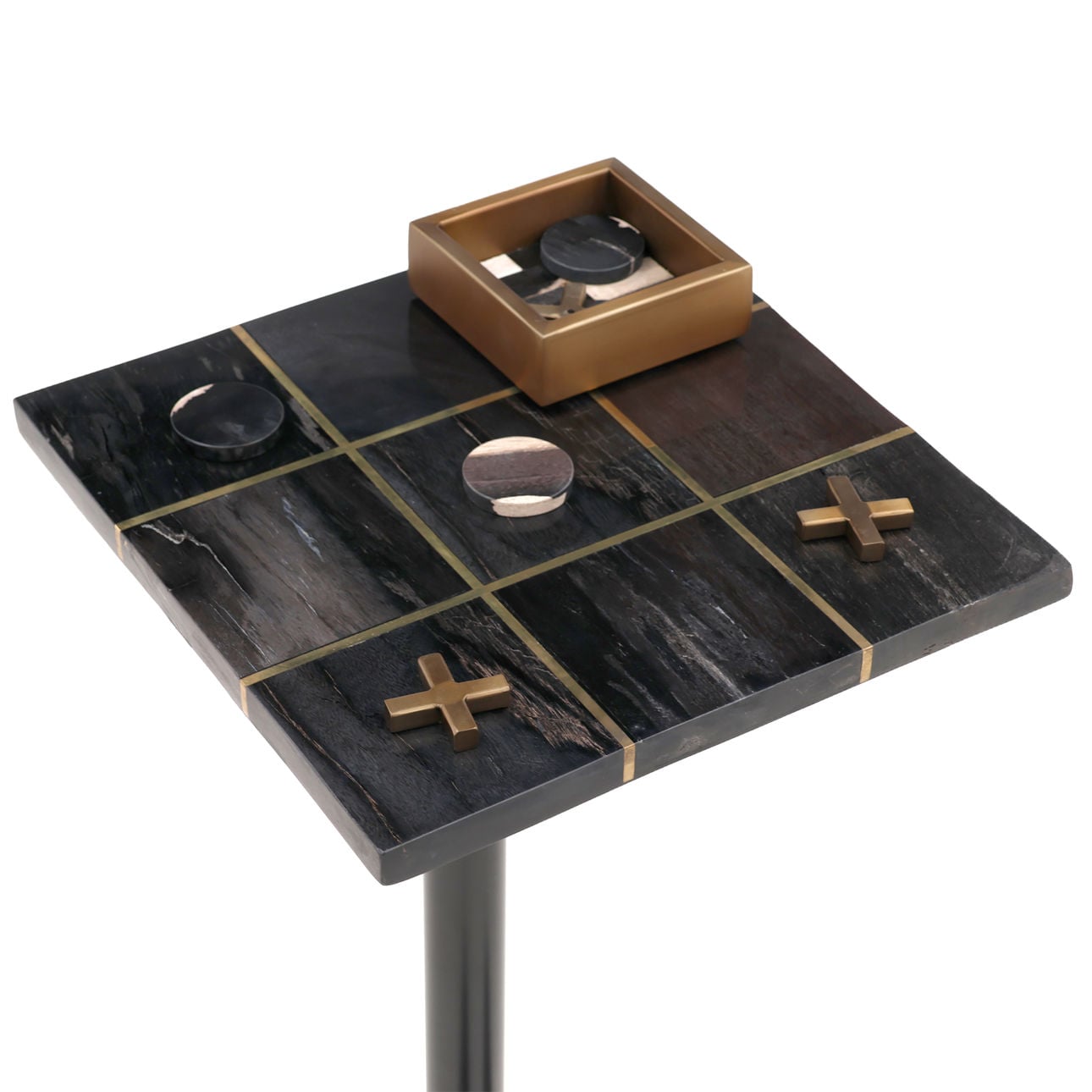 Black and Brass Petrified Wood and Metal Table 14 in Wide