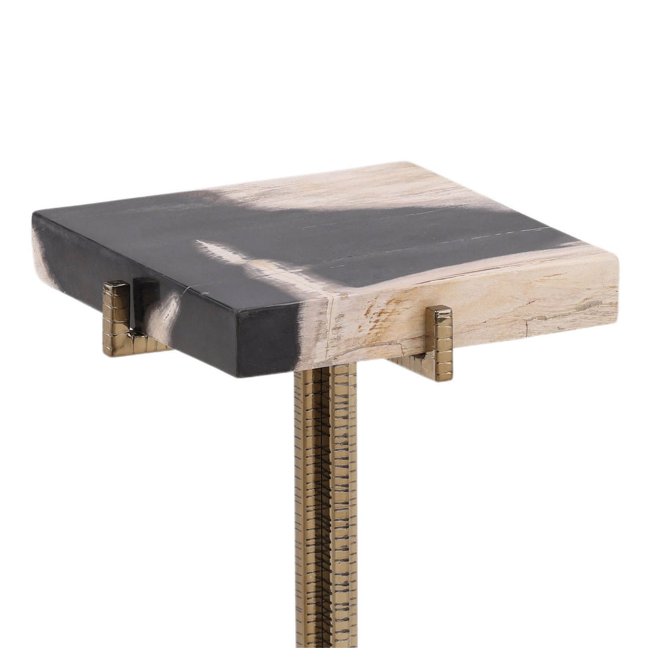 Natural, Black, and Brass Petrified Wood and Metal Table 9 in Wide