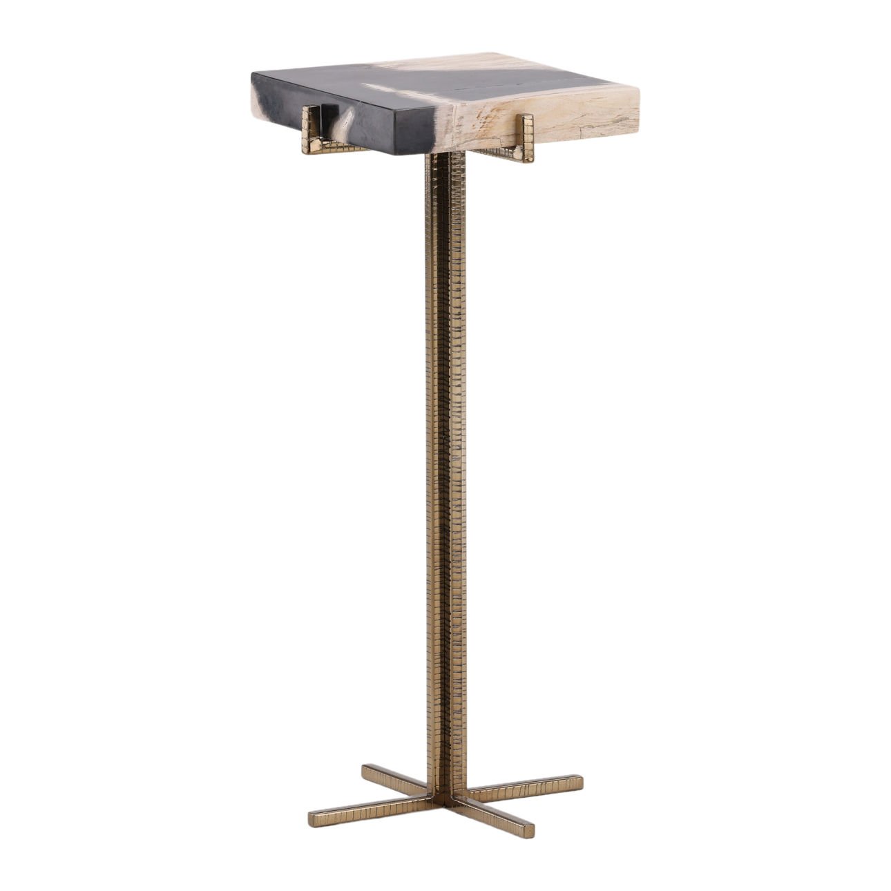 Natural, Black, and Brass Petrified Wood and Metal Table 9 in Wide