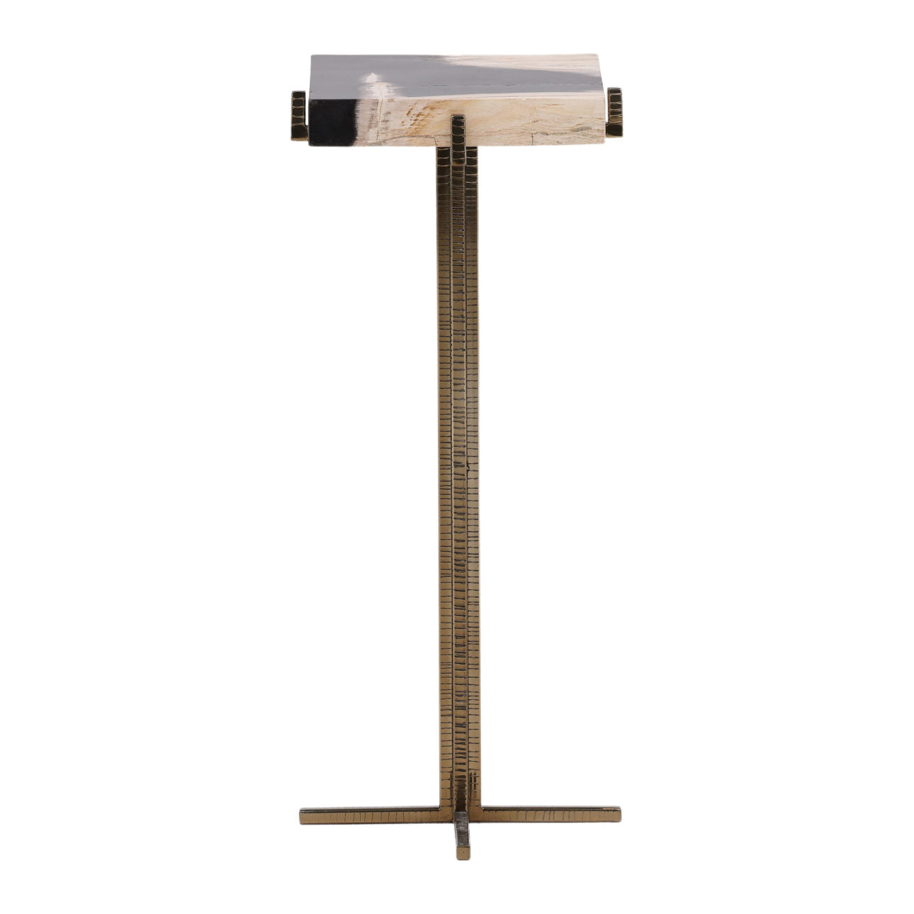 Natural, Black, and Brass Petrified Wood and Metal Table 9 in Wide