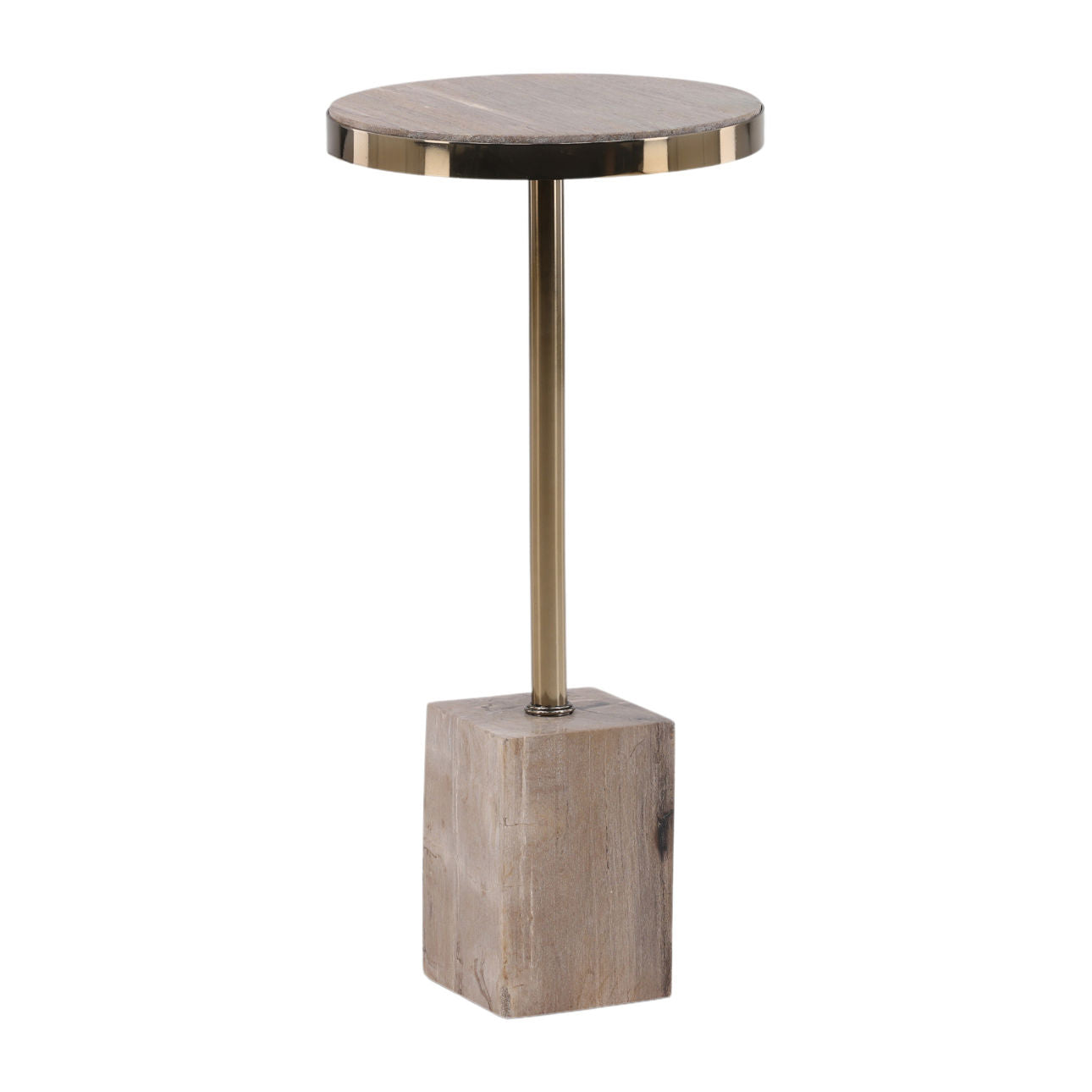 Natural and Brass Petrified Wood and Metal Table 12 in Wide