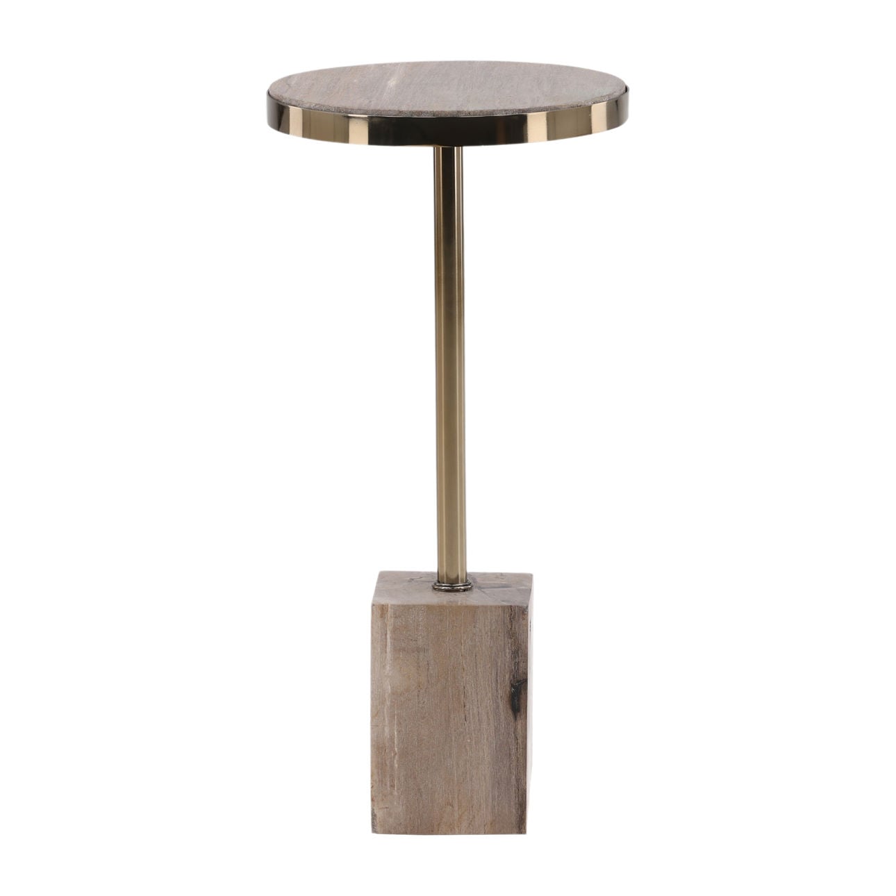 Natural and Brass Petrified Wood and Metal Table 12 in Wide
