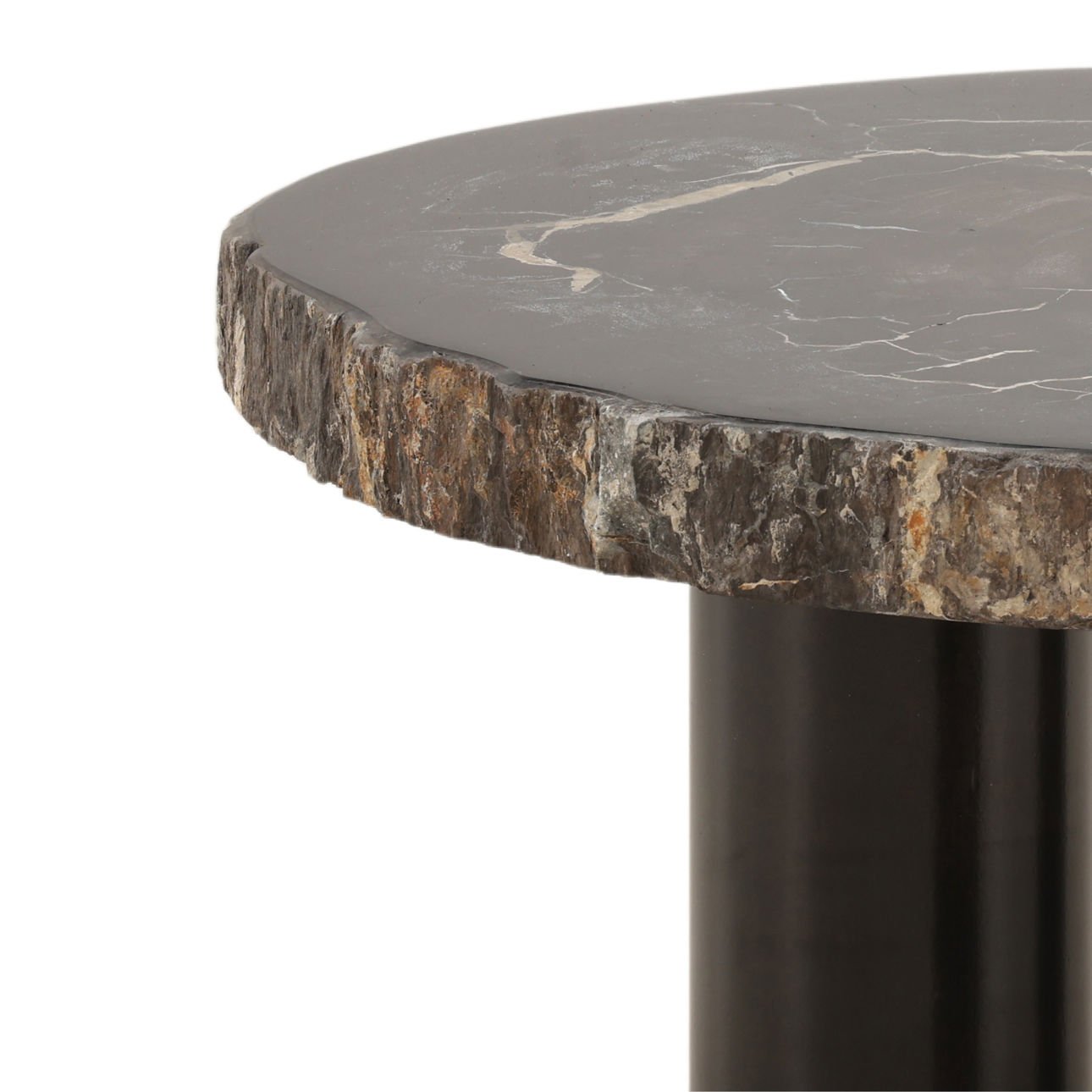Natural and Black Petrified Wood and Metal Table 34 in Wide