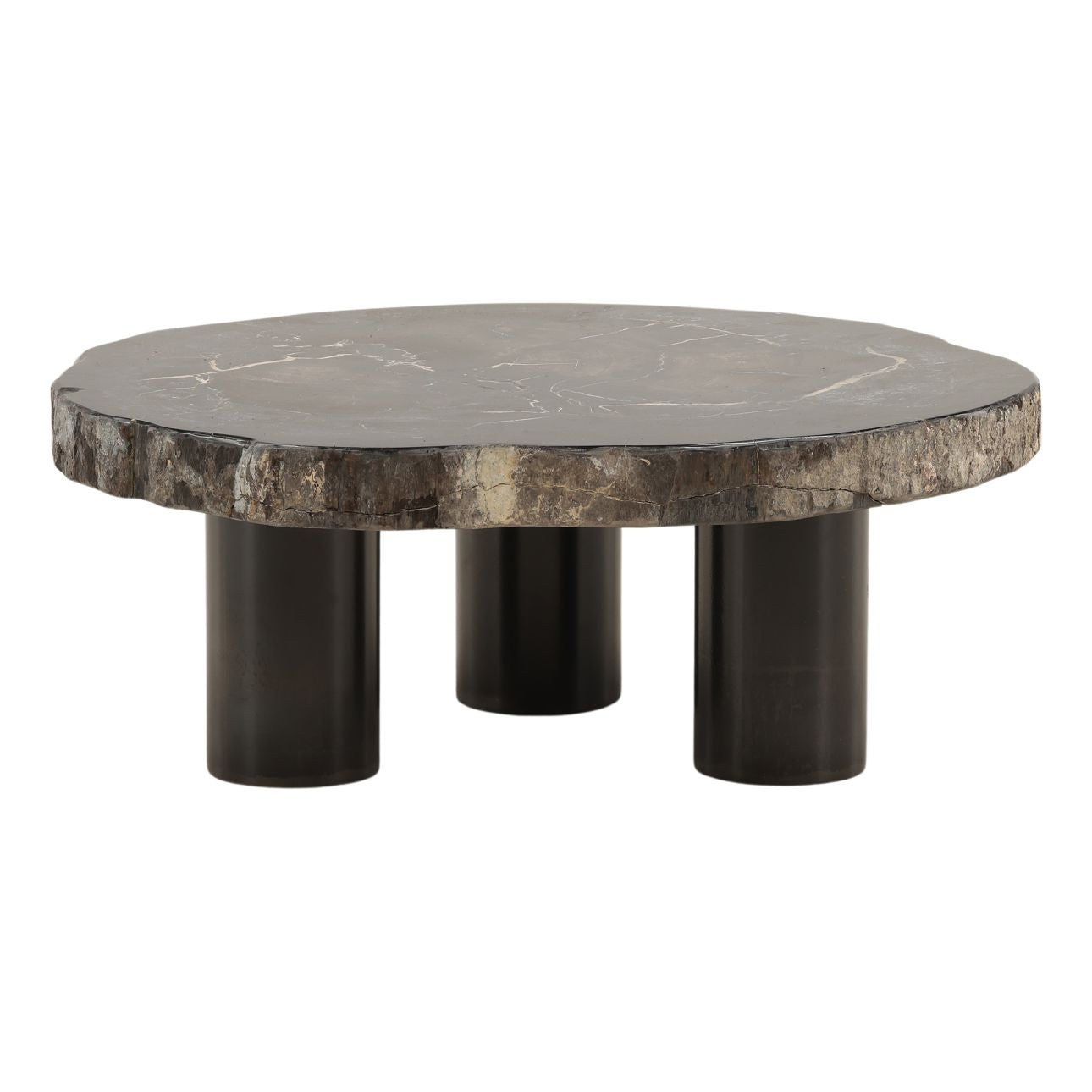 Natural and Black Petrified Wood and Metal Table 34 in Wide