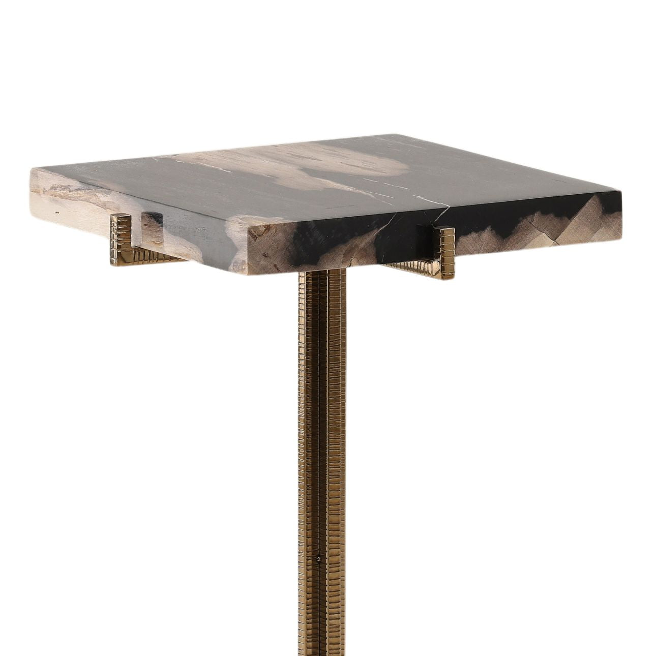 Black and Brass Petrified Wood and Stainless Steel Table 11.5 in Wide