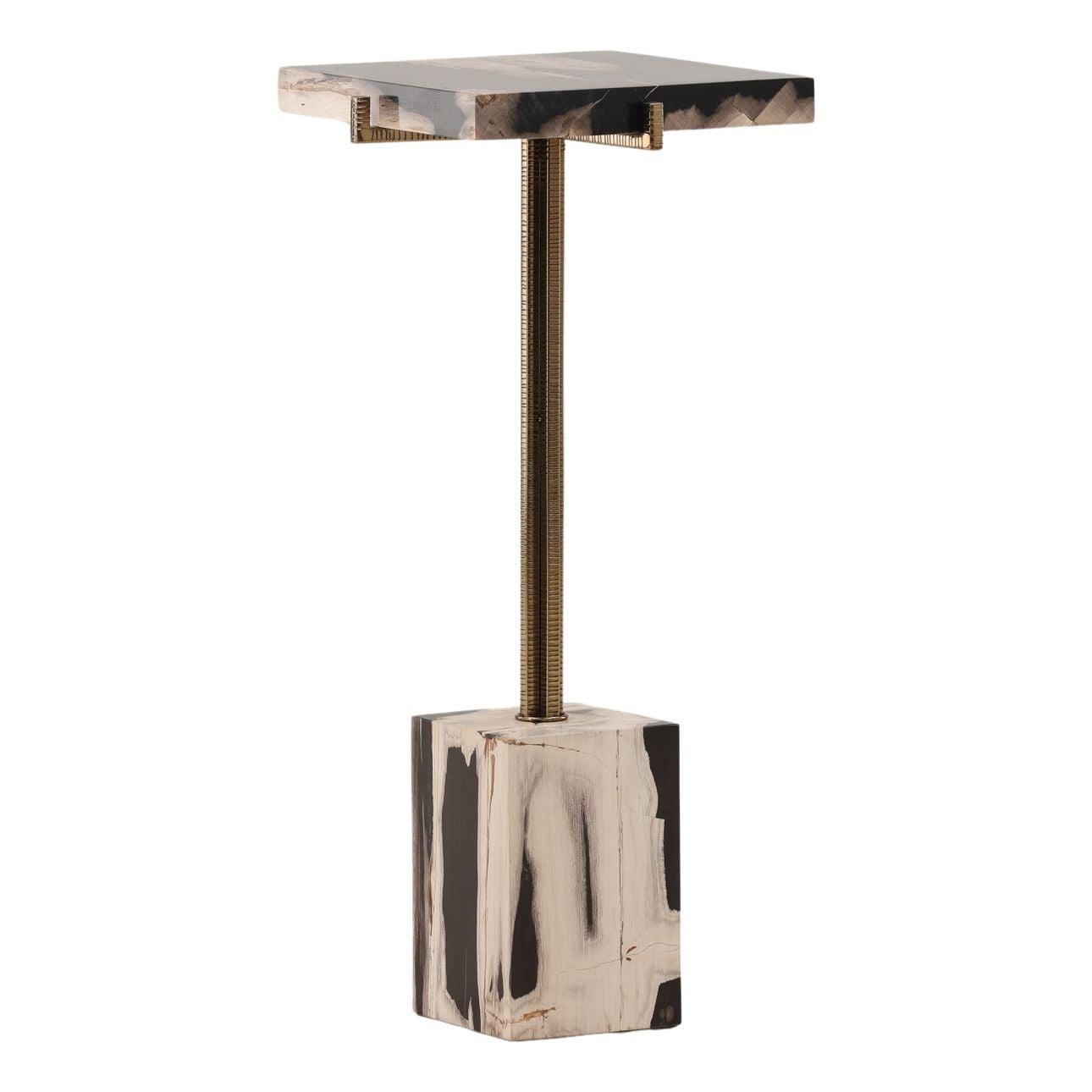 Black and Brass Petrified Wood and Stainless Steel Table 11.5 in Wide