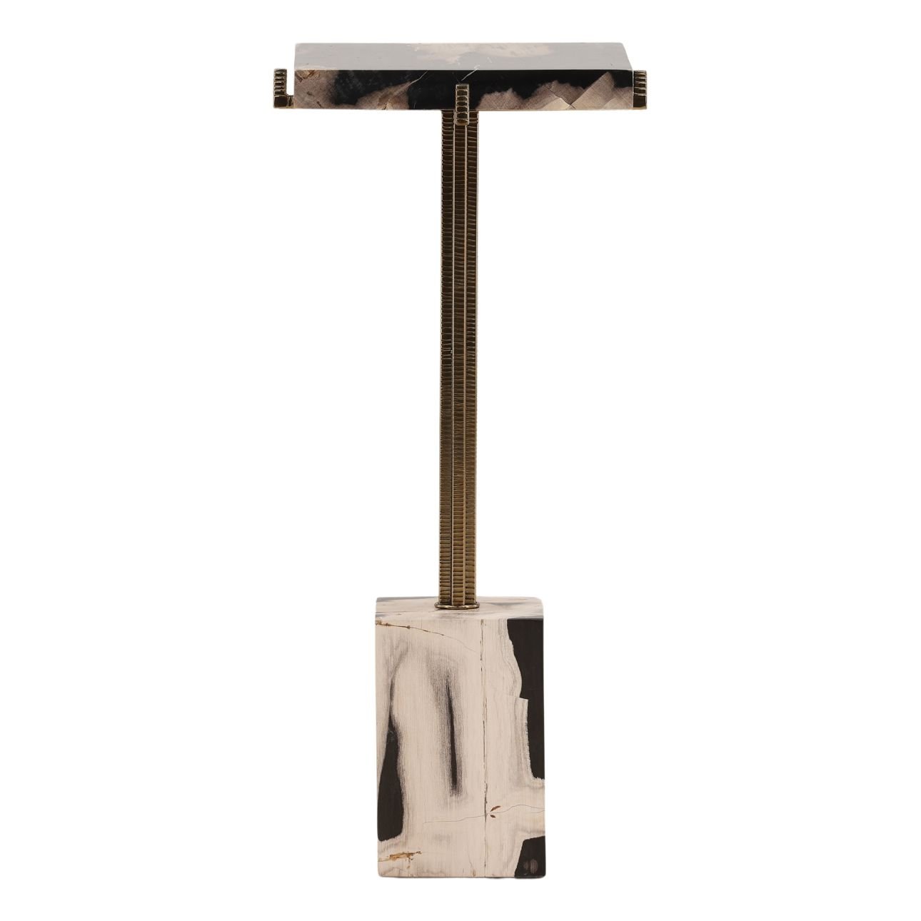 Black and Brass Petrified Wood and Stainless Steel Table 11.5 in Wide