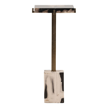 Black and Brass Petrified Wood and Stainless Steel Table 11.5 in Wide