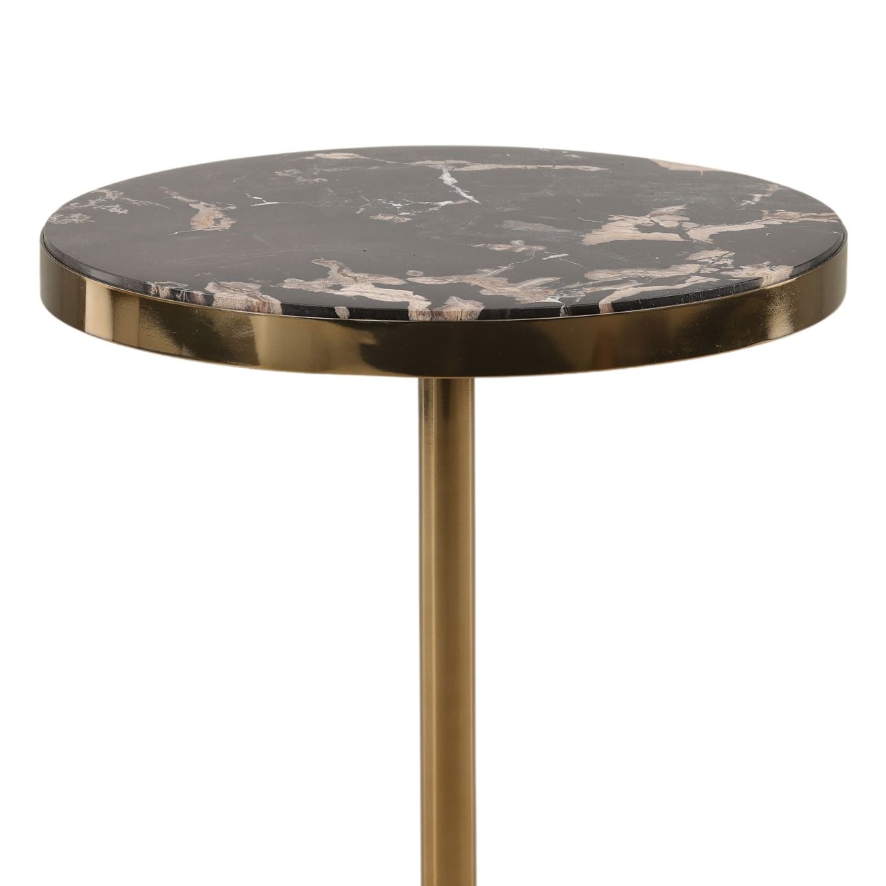 Black and Brass Petrified Wood and Stainless Steel Table 14 in Wide