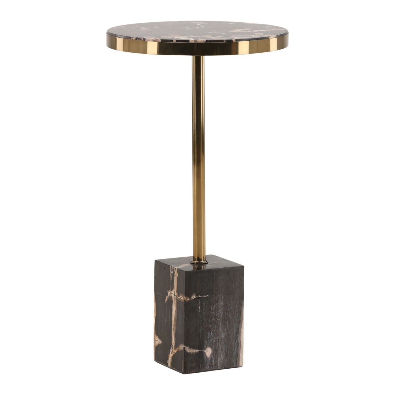 Black and Brass Petrified Wood and Stainless Steel Table 14 in Wide