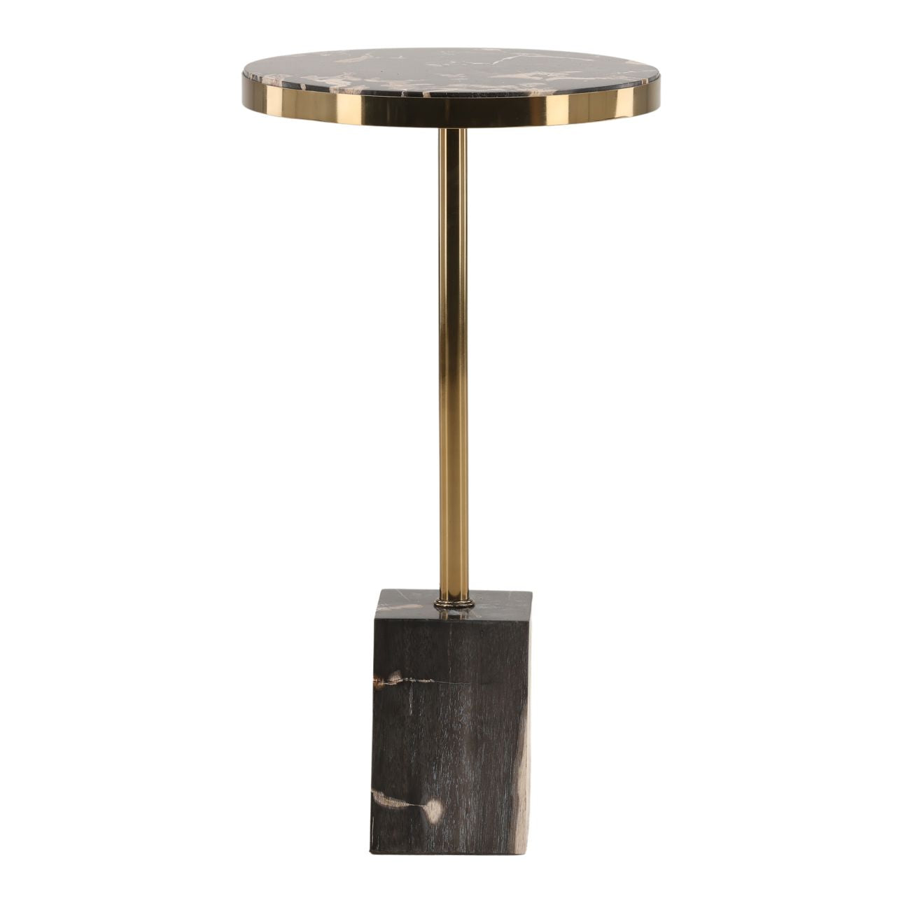Black and Brass Petrified Wood and Stainless Steel Table 14 in Wide