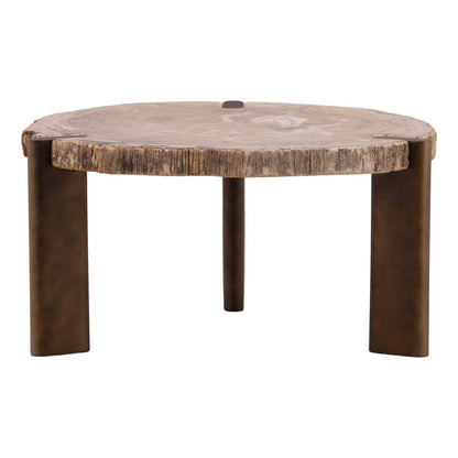 Light Natural and Bronze Petrified Wood and Stainless Steel Table 26.5 in Wide