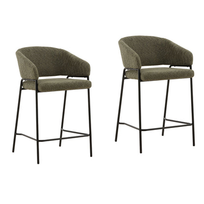 Olive Boucle Upholstery and Steel Stool 22 in Wide