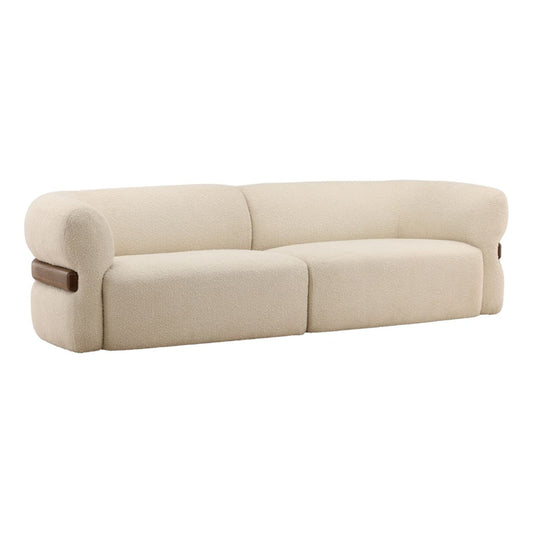 Olana Cream and Brown Boucle Fabric and Oak Wood Sofa 103.5 in Wide