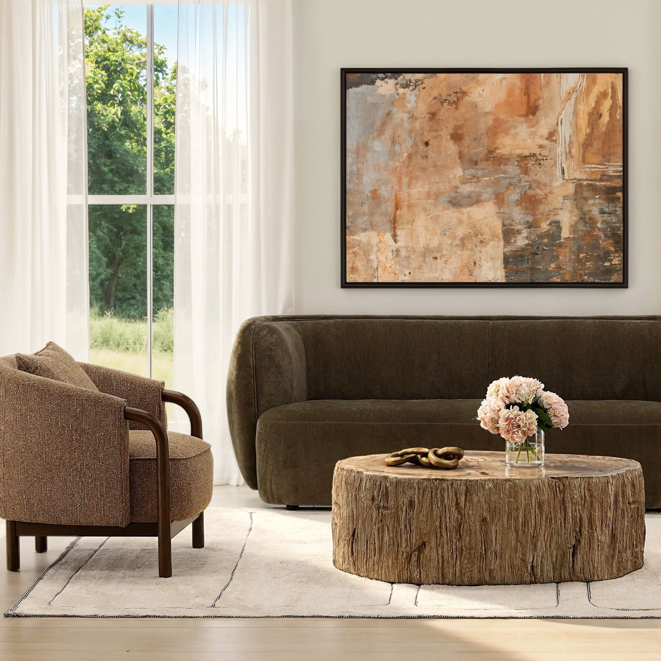 Brown Woven Chunky Chenille Fabric and Oak Veneer Chair 29 in Wide
