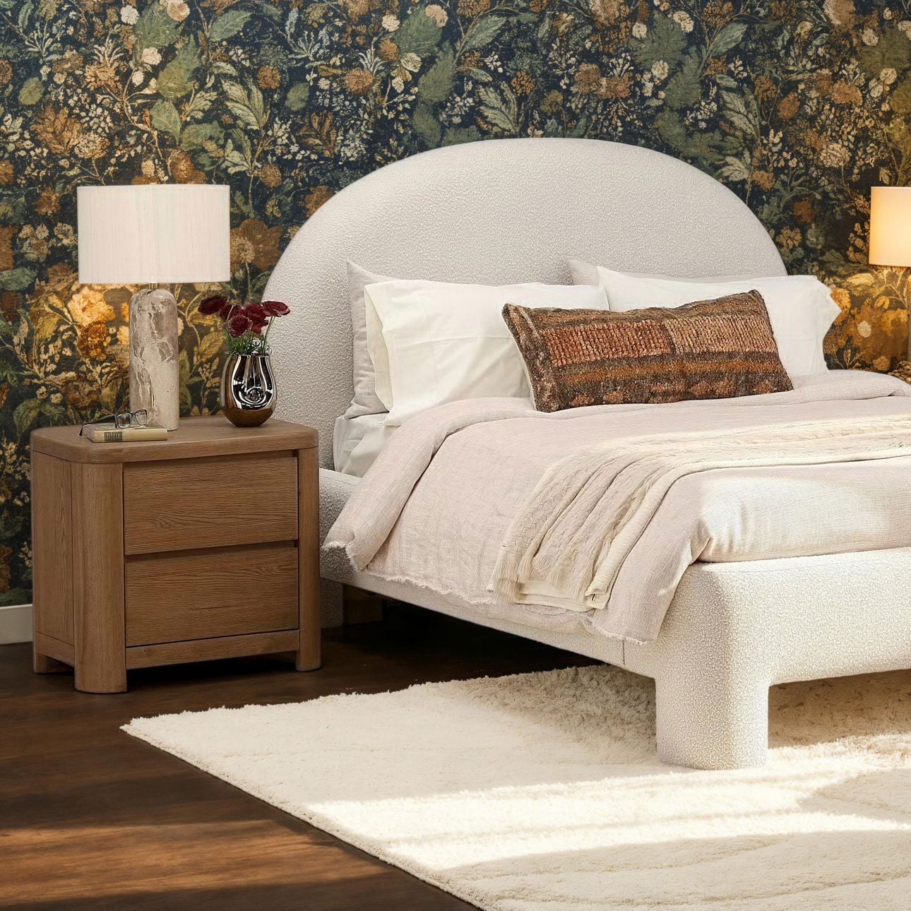 Cream Boucle Fabric Bed 73 in Wide