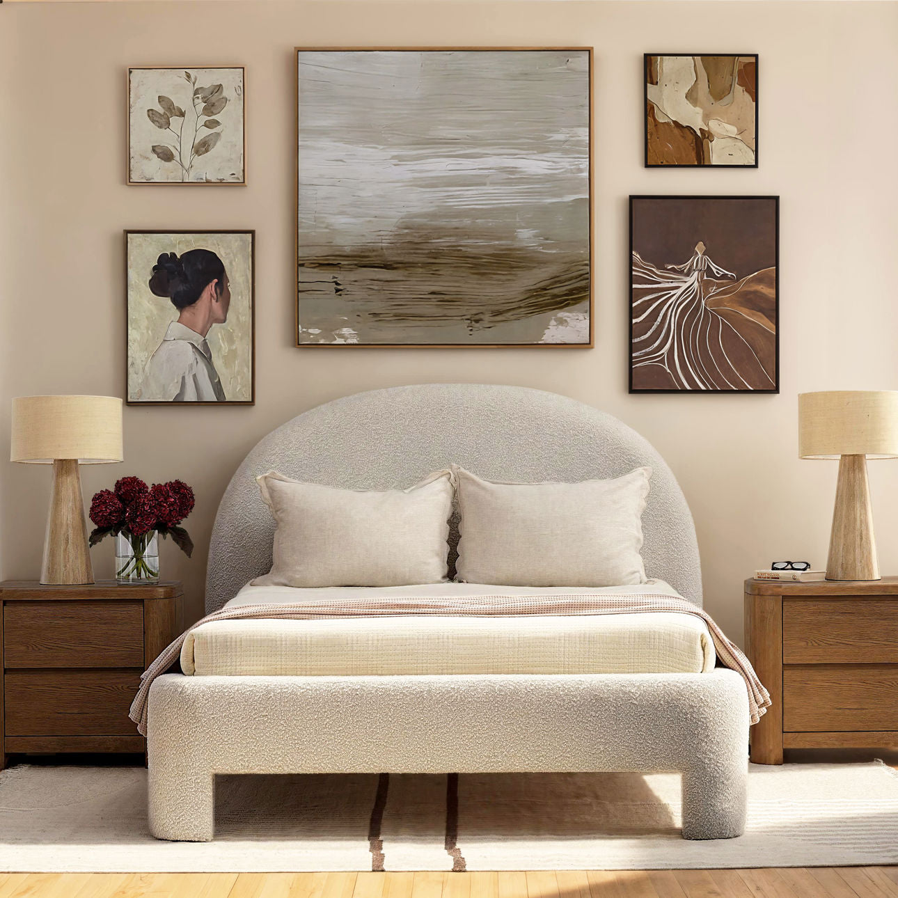 Cream Boucle Fabric Bed 73 in Wide
