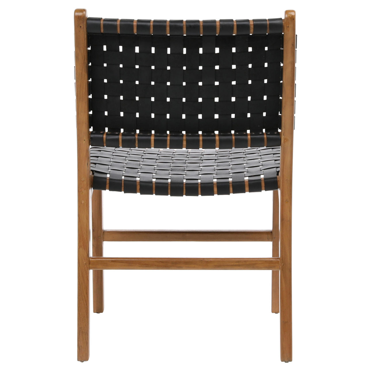 Antique Black Leather and Natural Wood Finish Full Grain Leather Upholstery Woven On A Teak Wood Frame Chair 21 in Wide