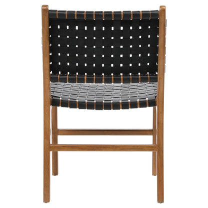 Antique Black Leather and Natural Wood Finish Full Grain Leather Upholstery Woven On A Teak Wood Frame Chair 21 in Wide