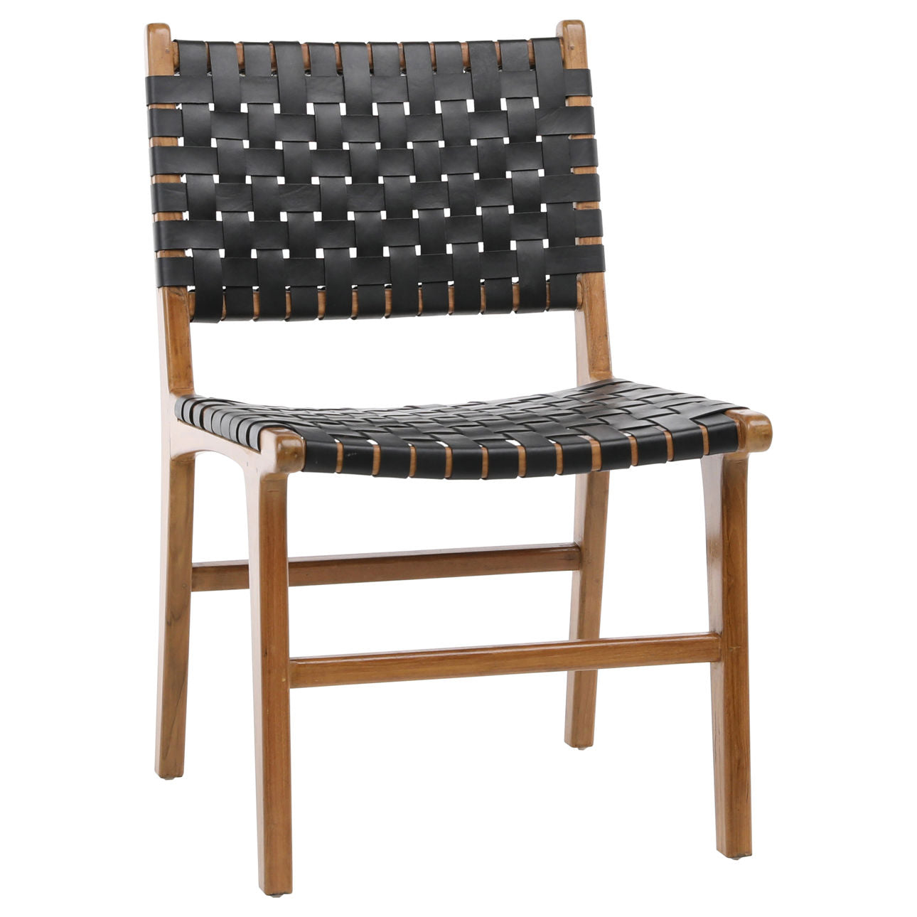 Antique Black Leather and Natural Wood Finish Full Grain Leather Upholstery Woven On A Teak Wood Frame Chair 21 in Wide