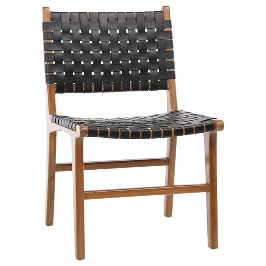 Antique Black Leather and Natural Wood Finish Full Grain Leather Upholstery Woven On A Teak Wood Frame Chair 21 in Wide