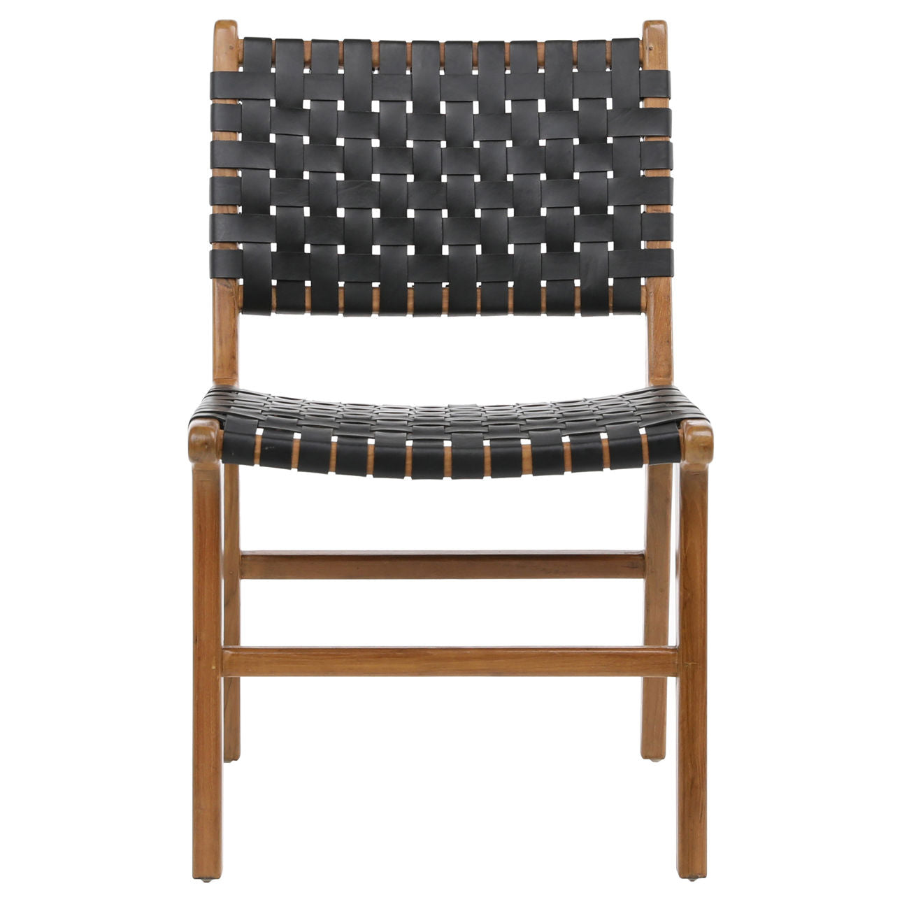 Antique Black Leather and Natural Wood Finish Full Grain Leather Upholstery Woven On A Teak Wood Frame Chair 21 in Wide