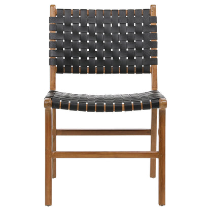 Antique Black Leather and Natural Wood Finish Full Grain Leather Upholstery Woven On A Teak Wood Frame Chair 21 in Wide