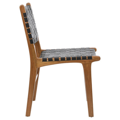 Antique Black Leather and Natural Wood Finish Full Grain Leather Upholstery Woven On A Teak Wood Frame Chair 21 in Wide