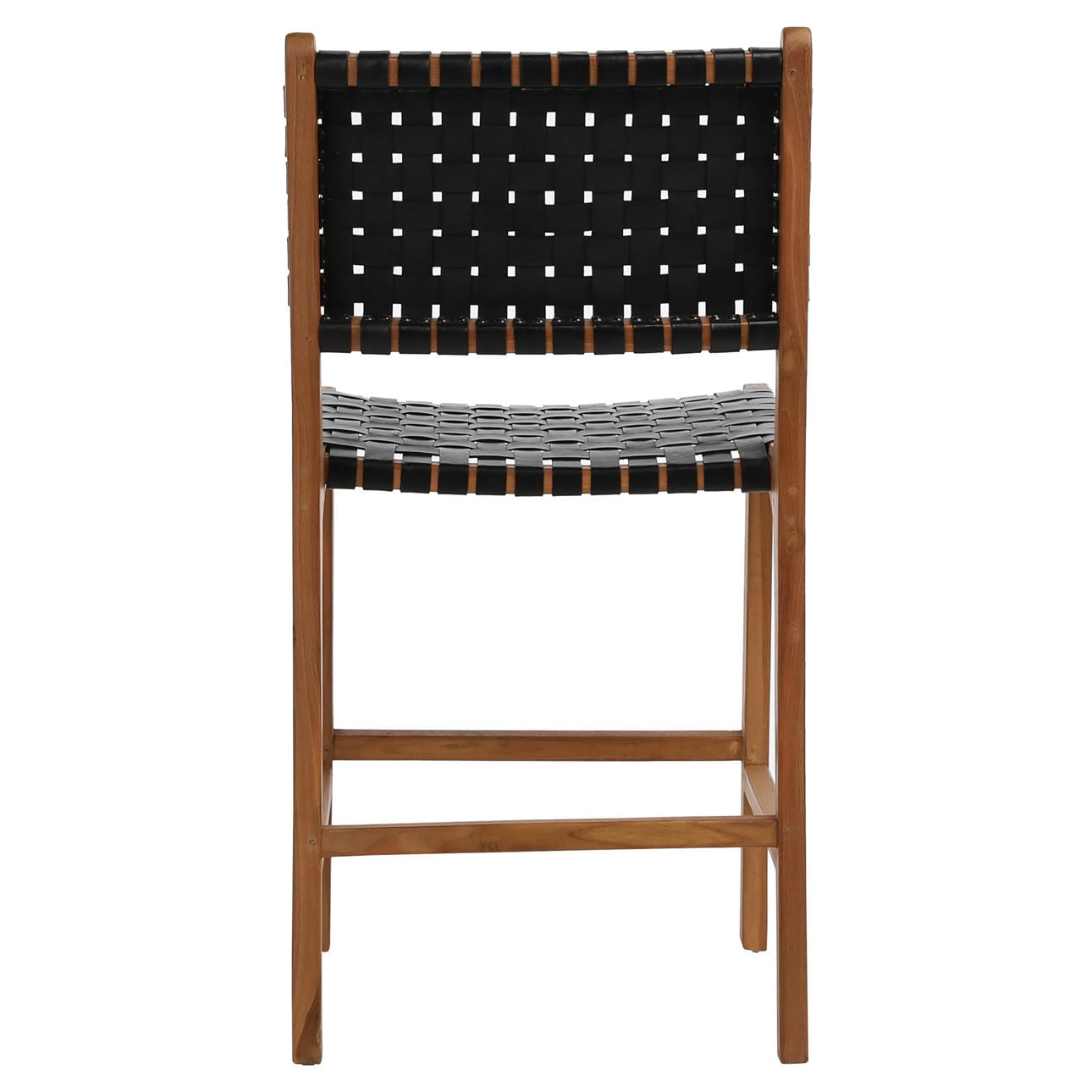 Antique Black Leather and Natural Wood Finish Full Grain Leather Upholstery Woven On A Teak Wood Frame Stool 20 in Wide