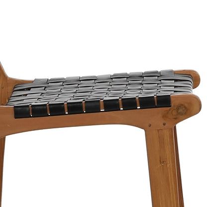 Antique Black Leather and Natural Wood Finish Full Grain Leather Upholstery Woven On A Teak Wood Frame Stool 20 in Wide