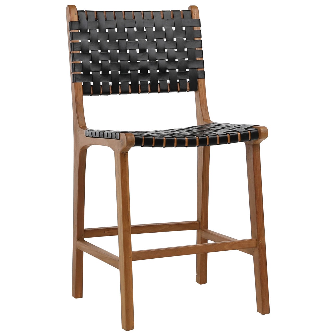 Antique Black Leather and Natural Wood Finish Full Grain Leather Upholstery Woven On A Teak Wood Frame Stool 20 in Wide