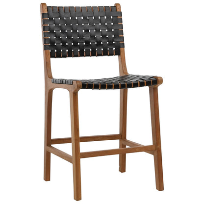 Antique Black Leather and Natural Wood Finish Full Grain Leather Upholstery Woven On A Teak Wood Frame Stool 20 in Wide