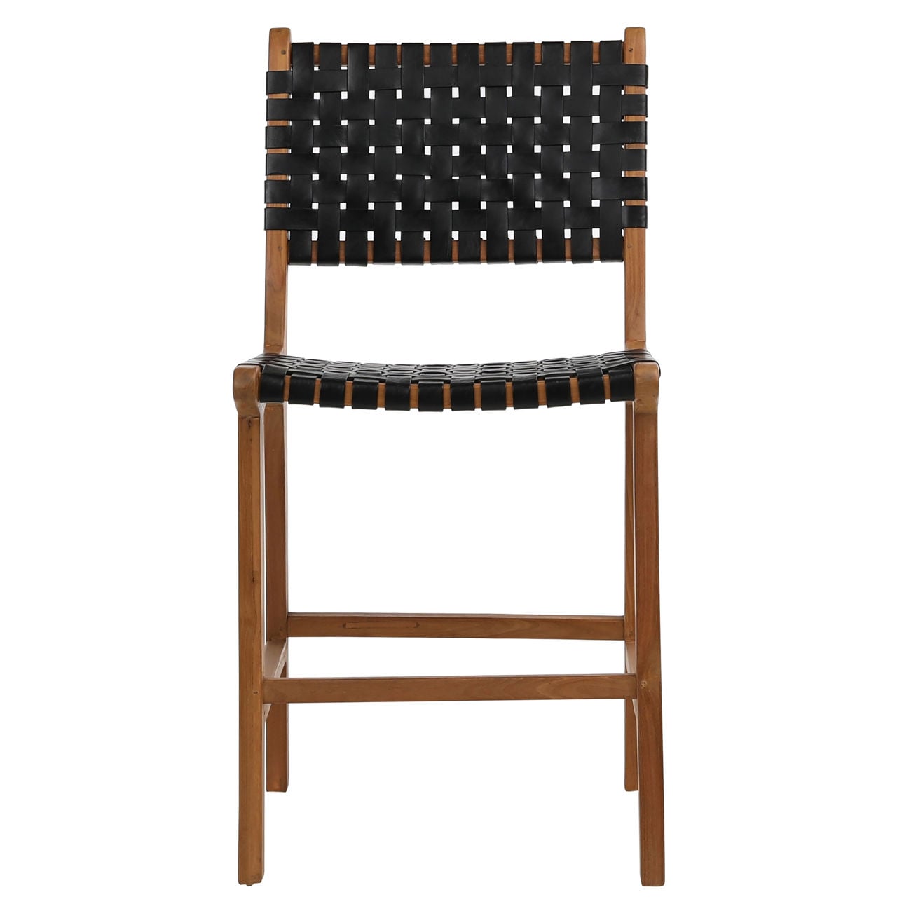 Antique Black Leather and Natural Wood Finish Full Grain Leather Upholstery Woven On A Teak Wood Frame Stool 20 in Wide