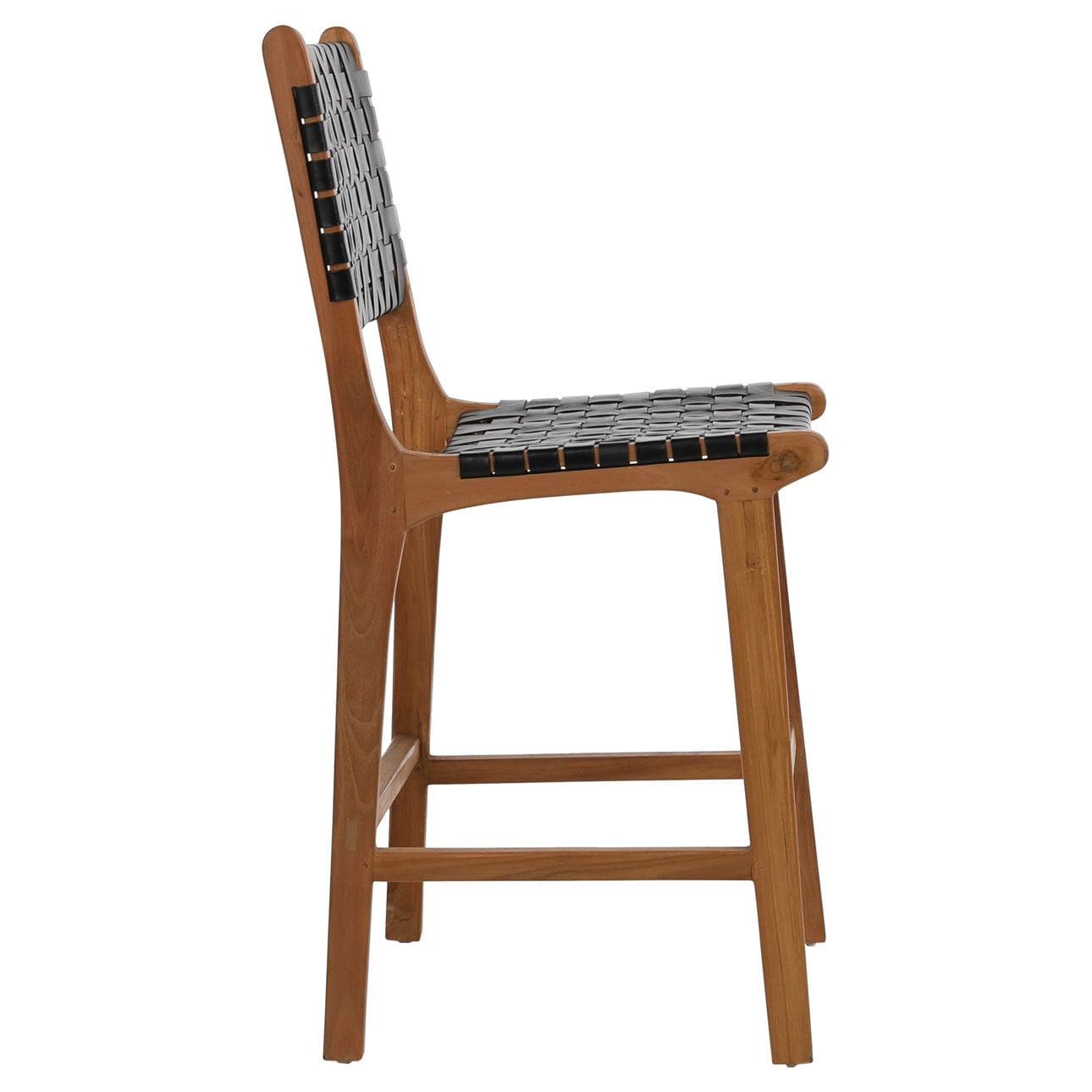 Antique Black Leather and Natural Wood Finish Full Grain Leather Upholstery Woven On A Teak Wood Frame Stool 20 in Wide
